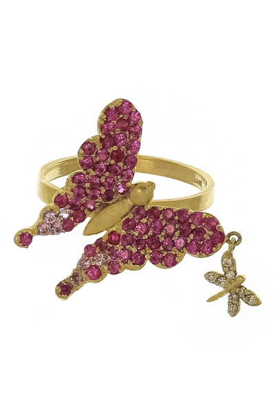 Tanya Farah Pink Sapphire Butterfly Ring In Gold