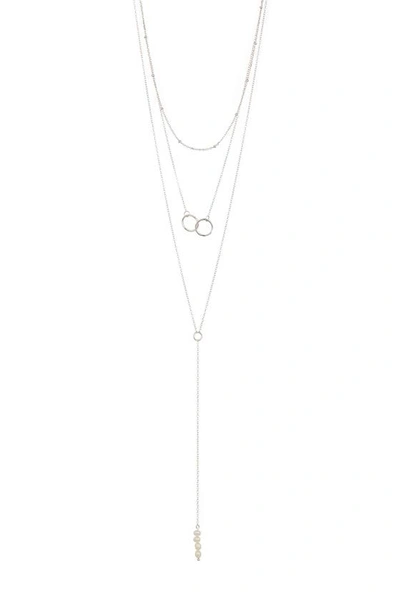 Adornia White Rhodium Plated Triple Strand Interlocking Ring & 19mm Freshwater Pearl Necklace