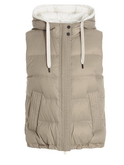 Brunello Cucinelli Quilted Puffer Vest With Hood In Blanco