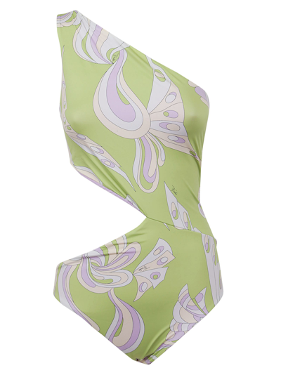 Pucci + Net Sustain One-shoulder Cutout Printed Swimsuit In Verde