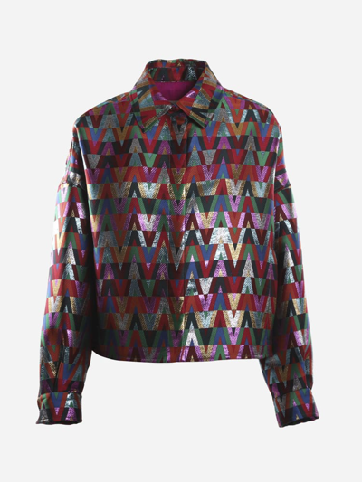 Valentino Silk Blend Jacket With All-over Optical V Print In Multicolor