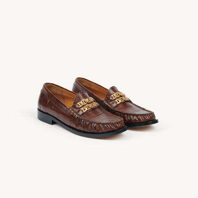 Sandro Chain-embellished Croc-effect Leather Loafers In Brown