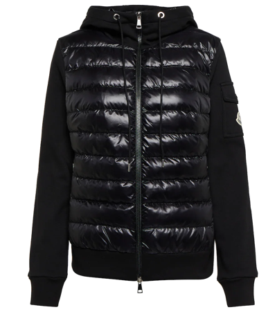 Moncler Quilted-panel Funnel-neck Shell-cotton Blend Hooded Cardigan In Black