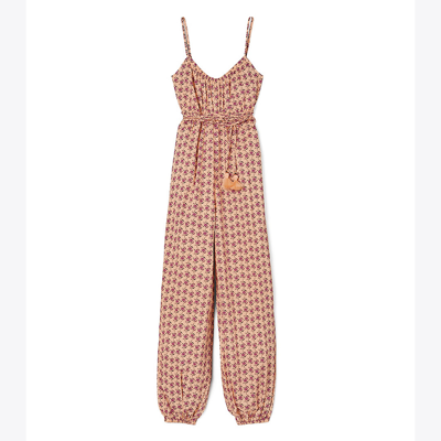 Tory Burch Floral Cotton Tassel Belt Jumpsuit In Pink Dandelion Bl