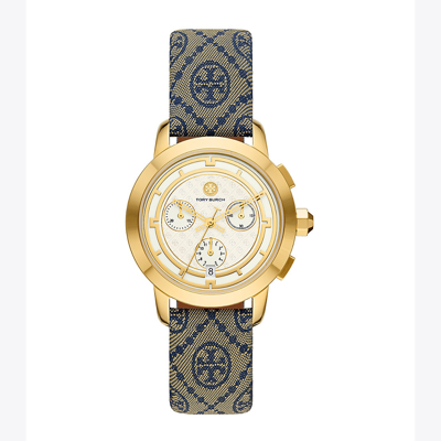Tory Burch T Monogram Tory Watch, Navy/gold-tone Stainless Steel, 37 X 37 Mm In Navy/camello