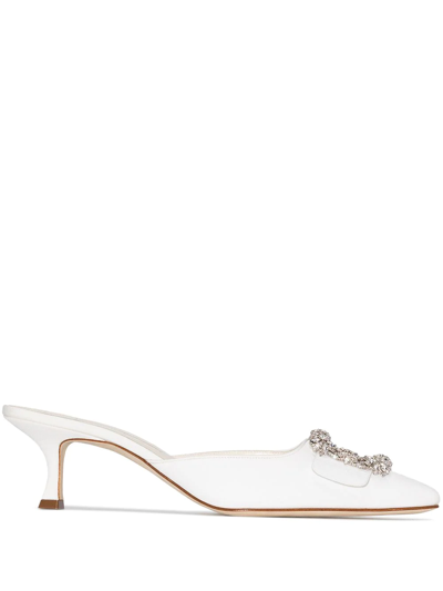 Manolo Blahnik Maysale Crystal Buckle Pointed Toe Mule In Ivory