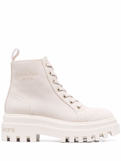 Calvin Klein Canvas Lace-up Booties In Neutrals