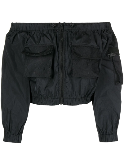 Red Valentino Off-shoulder Cropped Zip-up Jacket In Black