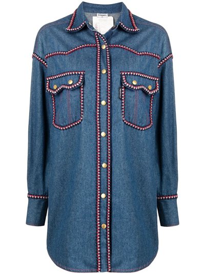 Pre-owned Chanel 1990 Woven-trimming Denim Shirt In Blue