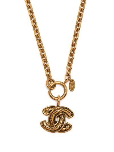 Pre-owned Chanel 1990s Diamond-quilted Cc Pendant Necklace In Gold