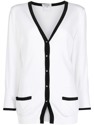 Pre-owned Chanel 1996 Cc-buttons V-neck Cardigan In White