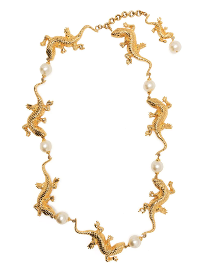 Pre-owned Chanel 2000s Lizard Motif Pearl-embellished Necklace In Gold