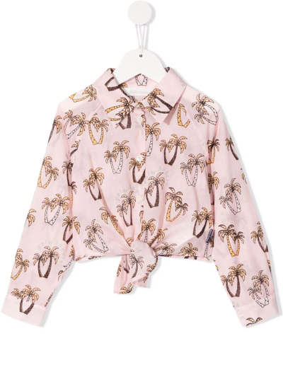 Palm Angels Kids' Palm-tree Print Knot Shirt In Pink