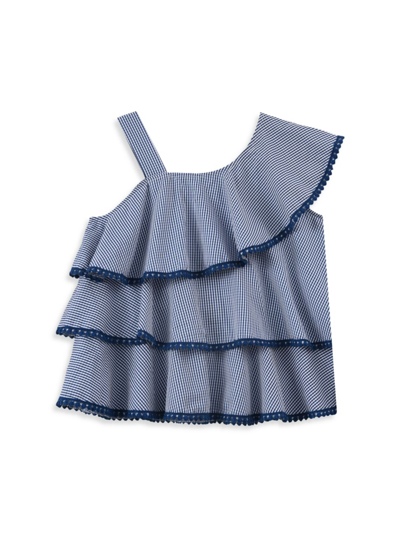 Mini Molly Kids' Girl's Plaid Bauble Trim Top In Navy