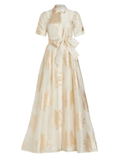 Teri Jon Brocade Organza Tie Waist Gown In Champagne