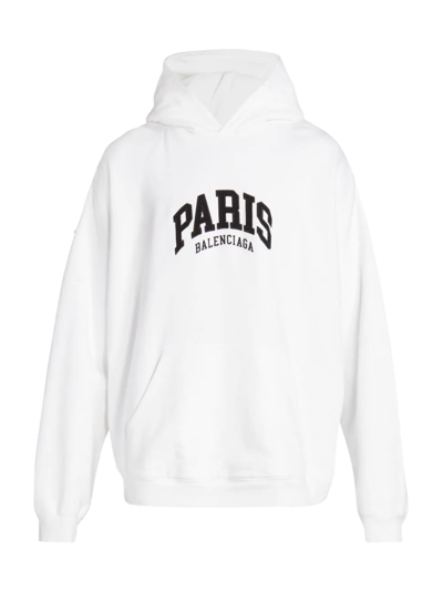 Balenciaga Paris Logo Embroidered Hoodie In White Black