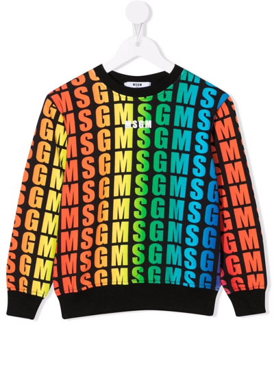 Msgm Kids Black Sweatshirt With All-over Printed Multicolor Logo