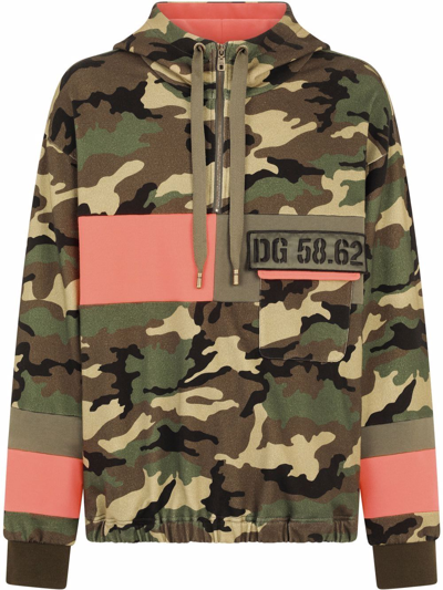 Dolce & Gabbana Camouflage-print Panelled Hoodie In Military Green