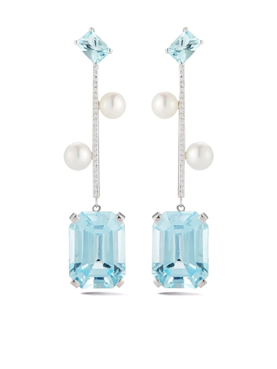 Mateo 14kt White Gold Aquamarine, Blue Topaz And Pearl Statement Earrings In Silver