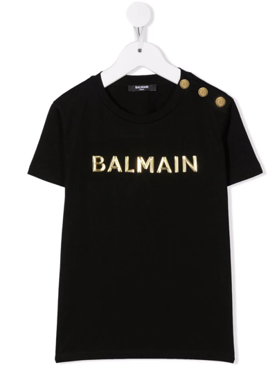 Balmain Kids' Embossed-logo Buttoned T-shirt In Black