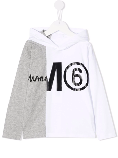 Mm6 Maison Margiela Kids' Logo印花拼色连帽衫 In White+grey Melange