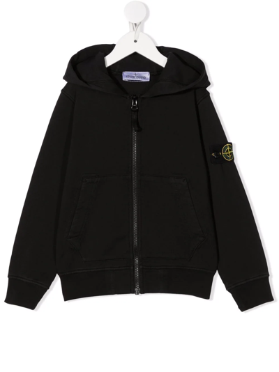 Stone Island Junior Logo-patch Zip-up Hoodie In Schwarz