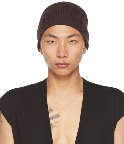 Rick Owens Brown Wool Ribbed Beanie In 64 Oxblood