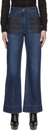 Victoria Beckham Alina Patch Pocket Wide Leg Flare Jeans In Dark Wash Contrast P