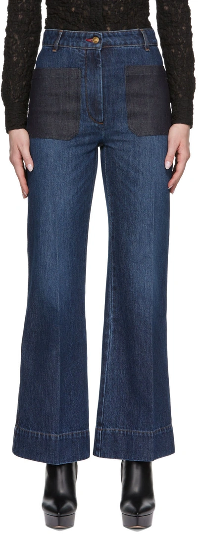 Victoria Beckham Alina Patch Pocket Wide Leg Flare Jeans In Dark Wash Contrast Pocket