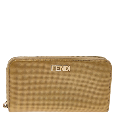 Pre-owned Fendi Gold Embossed Leather Zip Around Wallet