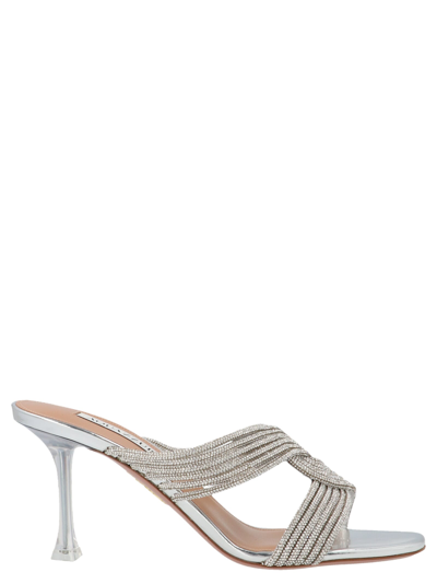 Aquazzura Gatsby 75 Silver Crystal-embellished Leather Mules