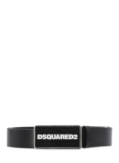 Dsquared2 Black Leather Belt In Nero+nero+bianco