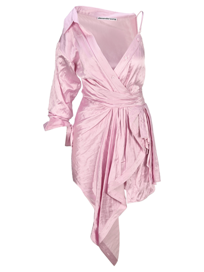 Alexander Wang Asymmetric Layered Gathered Crinkled-satin Dress In Pink