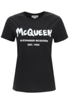 Alexander Mcqueen Black Cotton T-shirt With Logo Print In Mixed Colours