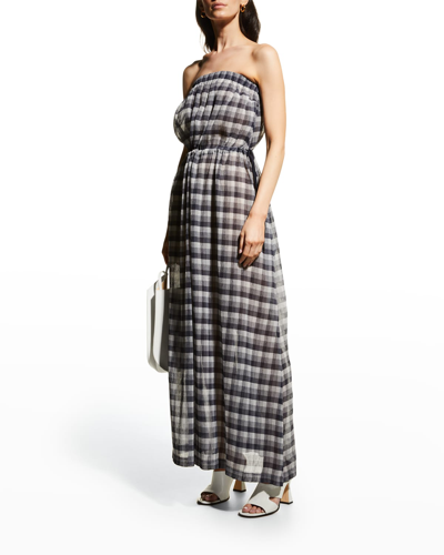 Emporio Armani Creponne Strapless Gingham Maxi Dress In Blue White Gingham