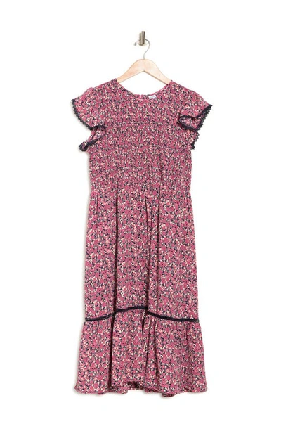 Melrose And Market Smocked Flutter Sleeve Midi Dress In Burgundy Blush Floral