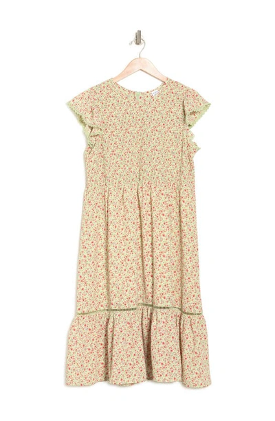 Melrose And Market Smocked Flutter Sleeve Midi Dress In Mint- Coral Tiny Flower