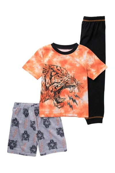Komar Kids' Tiger T-shirt, Shorts, & Joggers Pajama Set In Orange Multi