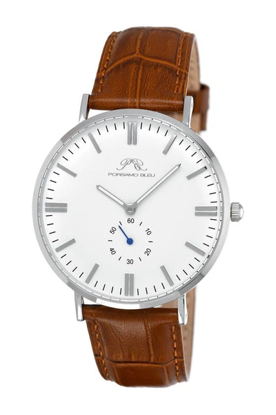 Porsamo Bleu Henry Leather Strap Dress Watch, 40.8mm In Silver-cognac