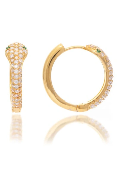 Rivka Friedman Cubic Zirconia Encrusted Snake Head Emerald Crystal Eyes Earrings In 18k Gold Clad/ Emerald Crystal