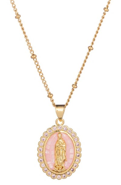 Eye Candy Los Angeles The Luxe Collection Rose Quartz Virgin Mary Pendant Necklace In Gold