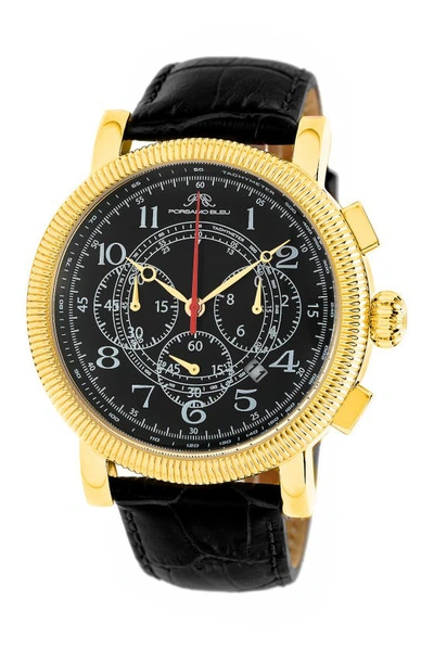Porsamo Bleu Phileas Alligator Embossed Leather Vintage Style Chronograph Watch, 48mm In Gold-black