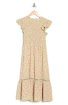 Melrose And Market Smocked Flutter Sleeve Midi Dress In Mint- Coral Tiny Flower