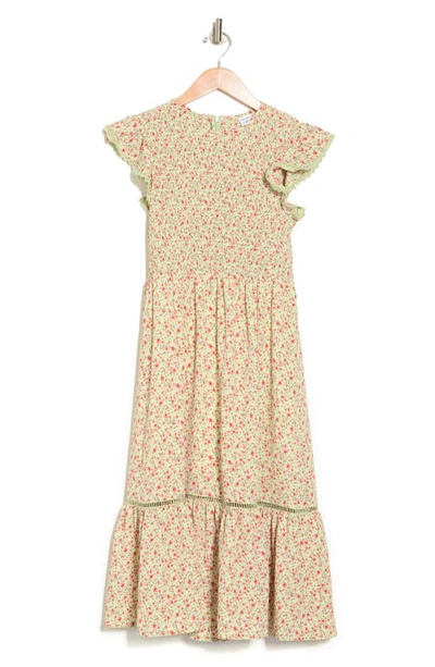 Melrose And Market Smocked Flutter Sleeve Midi Dress In Mint- Coral Tiny Flower