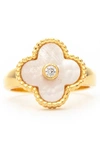 Rivka Friedman Mother Of Pearl & Cz Flower Ring In 18k Gold Clad
