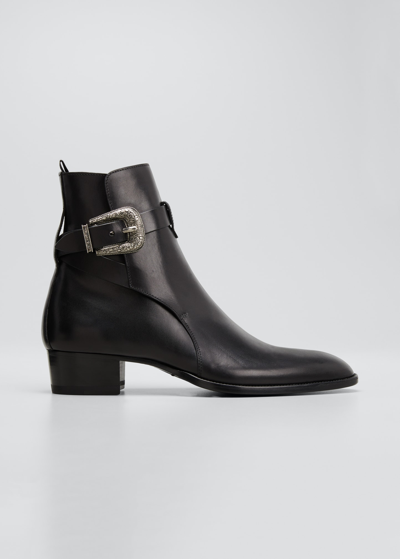 Saint Laurent Men's Wyatt Leather Buckle Boots In Nero