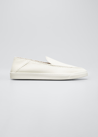 Giorgio Armani Men's Woven Leather Slip-on Trainers In Cream