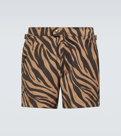 Tom Ford Slim-fit Mid-length Zebra-print Swim Shorts In Brown