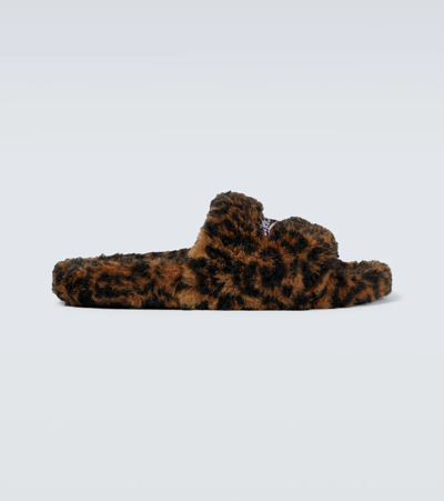 Balenciaga Logo-embroidered Leopard-print Faux Fur Slides In Brown