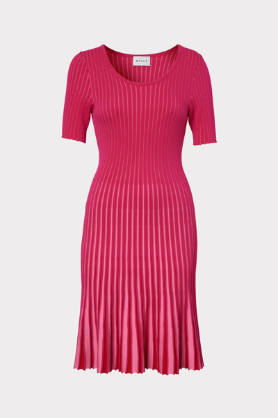 Milly Inset-stripe Godet-pattern Dress In Shocking Pink Multi